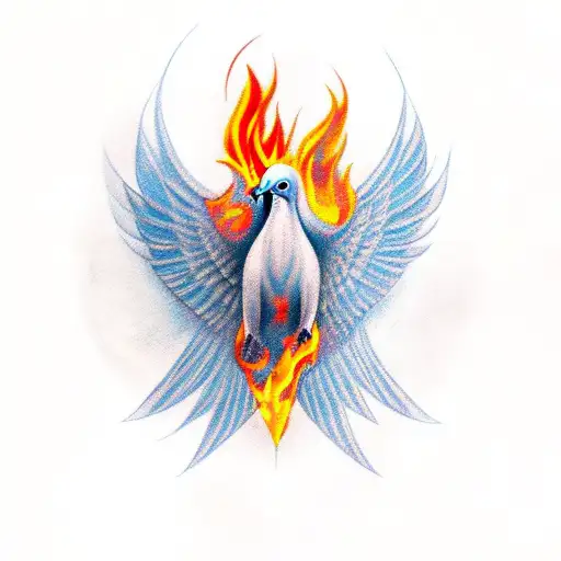 Fierce looking Dove with fire coming from its wing tips tattoo design idea