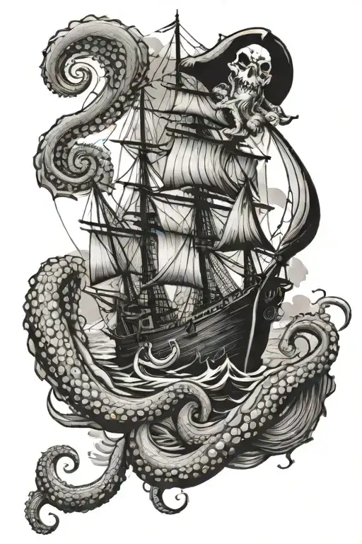 octopus with tentacles wrapped around a pirate ship. a pirate battling a siren mermaid in rough stormy seas tattoo design idea