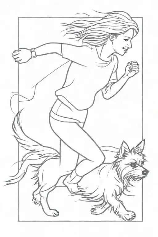 small yorkshire terrier running with a woman, one line tattoo tattoo design idea