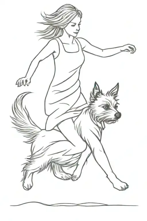 small yorkshire terrier running with a woman holding, one line tattoo tattoo design idea