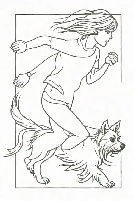 small yorkshire terrier running with a woman, one line tattoo tattoo design idea