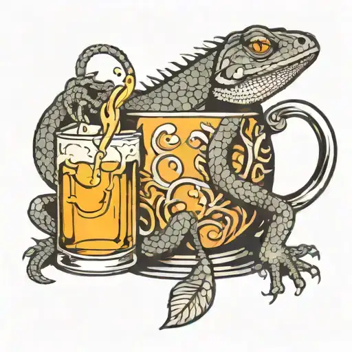 tattoo in graphic style, black and white, lizard drinking beer from a mug tattoo design idea