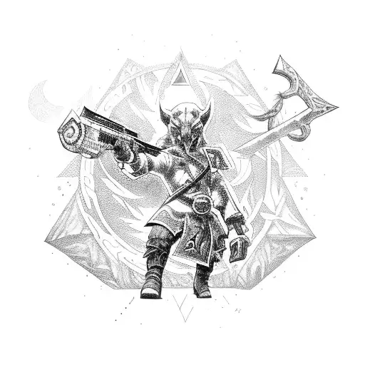 An intricate design of a hunter in action, surrounded by a forest with hidden Zelda symbols tattoo design idea