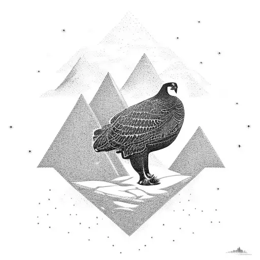 A majestic male black grouse standing on a rocky landscape, with the Triforce symbol subtly incorporated tattoo design idea