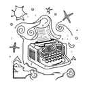 A journal with pages made of beach sand, and a typewriter typing out constellations in the night sky tattoo design idea