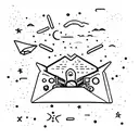 A journal with pages made of beach sand, and a typewriter typing out constellations in the night sky tattoo design idea