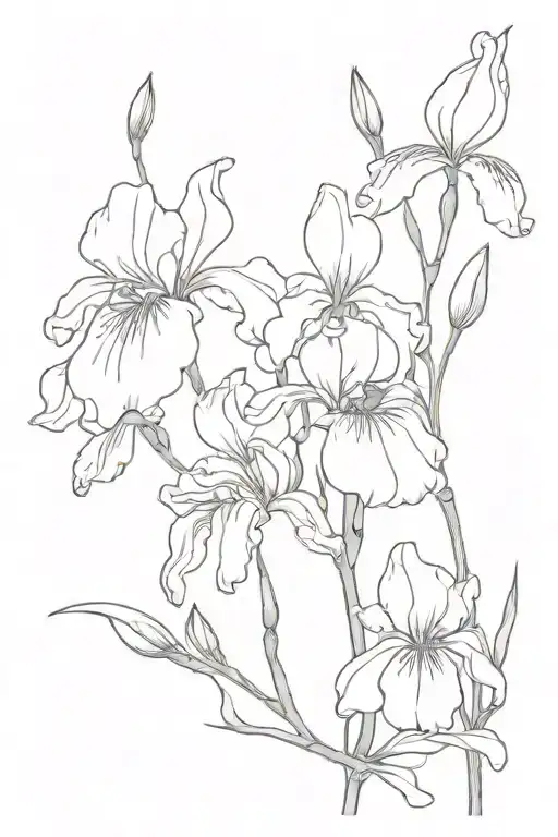 create a fine line minimalistic black and white tattoo with a bouquet of irises, sweat pea, sweet william and freesia tattoo design idea