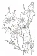 create a fine line minimalistic black and white tattoo with a bouquet of irises, sweat pea, sweet william and freesia tattoo design idea