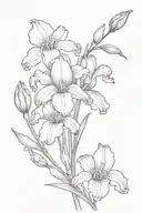 create a fine line minimalistic black and white tattoo with a bouquet of irises, sweat pea, sweet william and freesia tattoo design idea