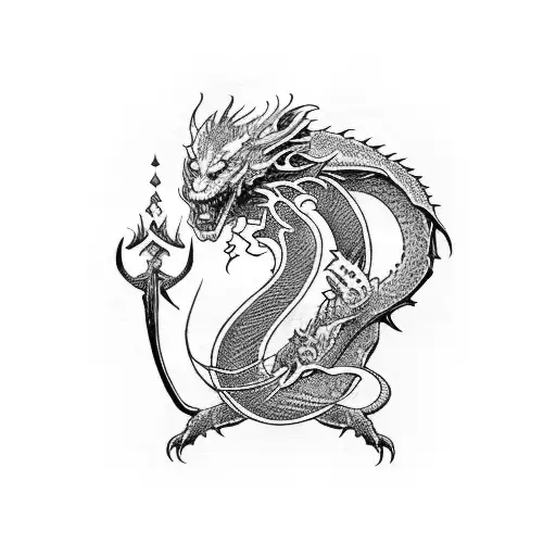 lord of the rings elvish words with dragon and cherry blossom tattoo design idea