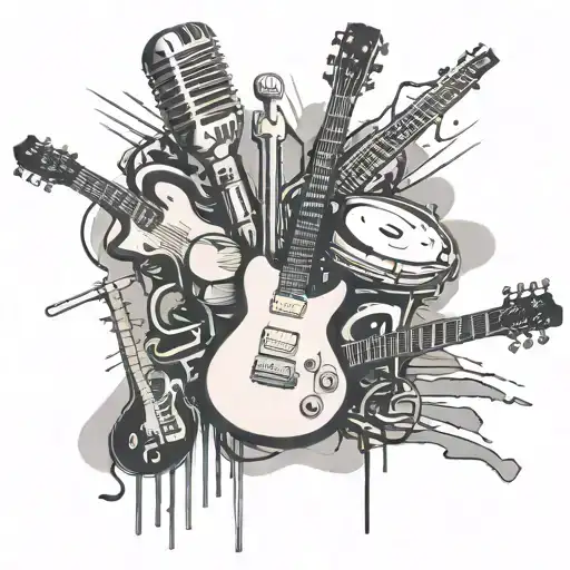 microphone, electric guitar, drum kit , piano keys, music and notes, christian worship style. white women h thick black  tattoo design idea