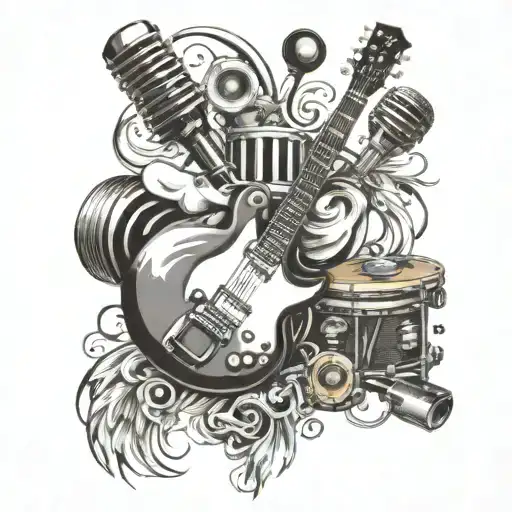 microphone, electric guitar, drum kit , piano keys, music and notes, christian worship style. white women h thick black  tattoo design idea