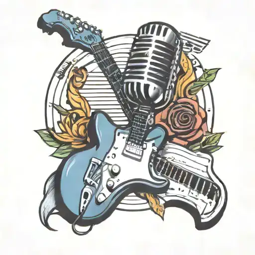 microphone, electric guitar, drum kit , piano keys, music and notes, christian worship tattoo design idea