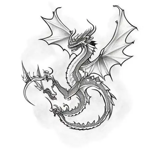 a tattoo sketch- a full dragon, horizontally, with open wings in gothic style and simple tattoo design idea