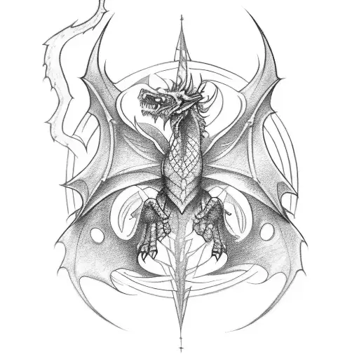 a tattoo sketch- a full dragon, horizontally, with open wings in gothic style and simple tattoo design idea