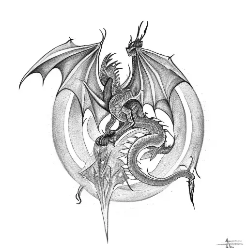 a tattoo sketch- a full dragon, horizontally, with open wings in gothic style and simple tattoo design idea