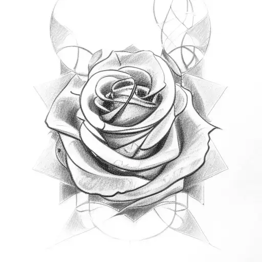 A black and grey sketch of a cross entwined with roses and in background graffikhexagon tattoo design idea