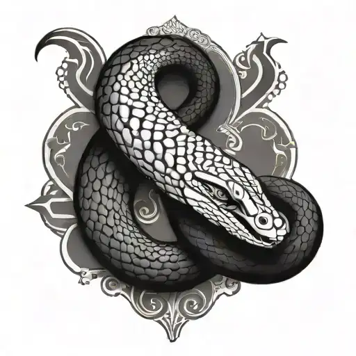 A black-grey snake design with intricate patterns and textures inspired by ancient Egyptian art tattoo design idea