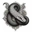 A black-grey snake design with intricate patterns and textures inspired by ancient Egyptian art tattoo design idea