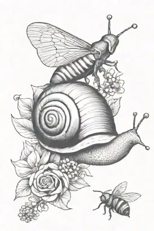 snail with bees flying tattoo design idea