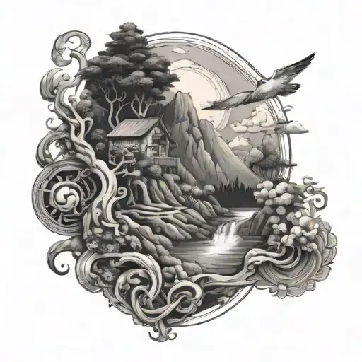 Design a tattoo inspired by the beautiful landscapes of Azores elements of nature with music and gaming symbols tattoo design idea