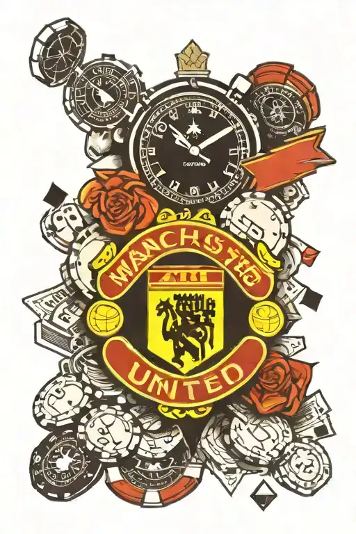 Man Utd badge incorporated with poker chips and clock  tattoo design idea