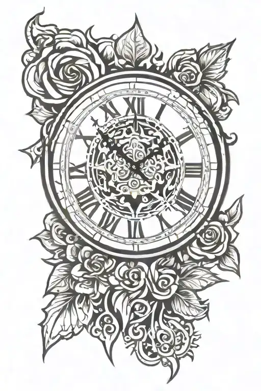 clock face with tribal background and the name Annie-Rose tattoo design idea