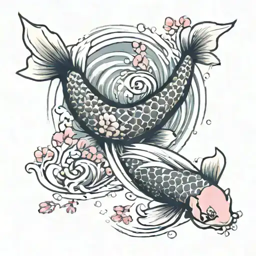 A Japanese tattoo of a koi carp swimming in a swirl of water, with cherry blossoms, traditional Japanese style, c tattoo design idea