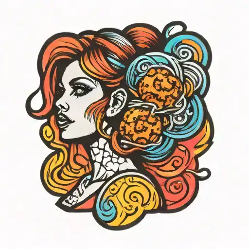 patch-style tattoo stencil of a woman with meatballs for hair tattoo design idea