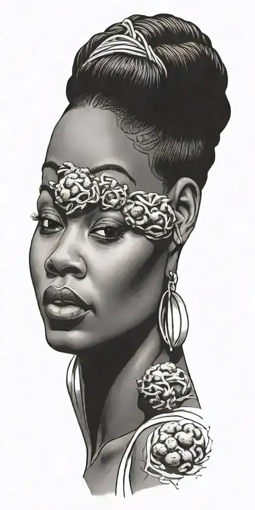 patch-style tattoo stencil of a black  woman with meatballs for hair tattoo design idea
