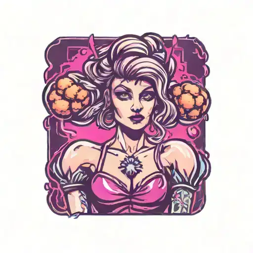 patch-style tattoo stencil of a woman with meatballs for hair tattoo design idea