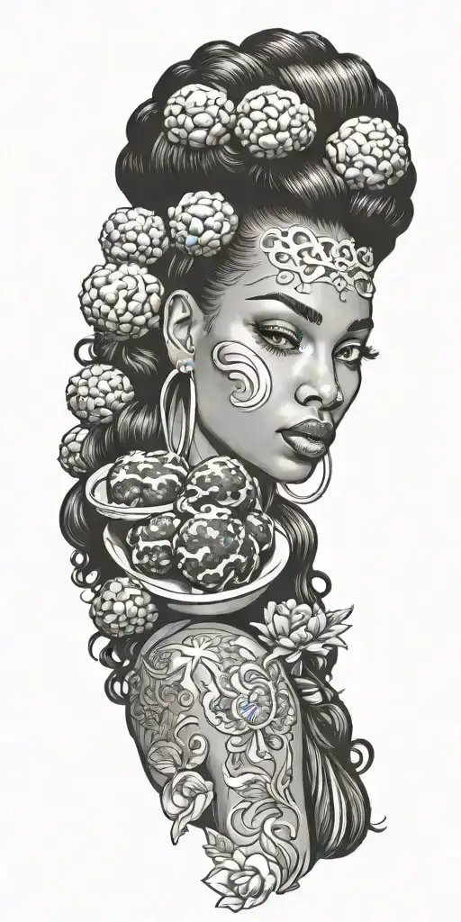 patch-style tattoo stencil of a black  woman with meatballs for hair tattoo design idea