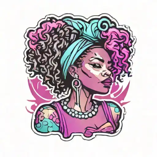 patch-style tattoo stencil of a black  woman with meatballs for hair tattoo design idea