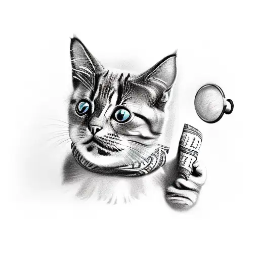 A playful cat burglar holding a bag of money and a smoking gun tattoo design idea