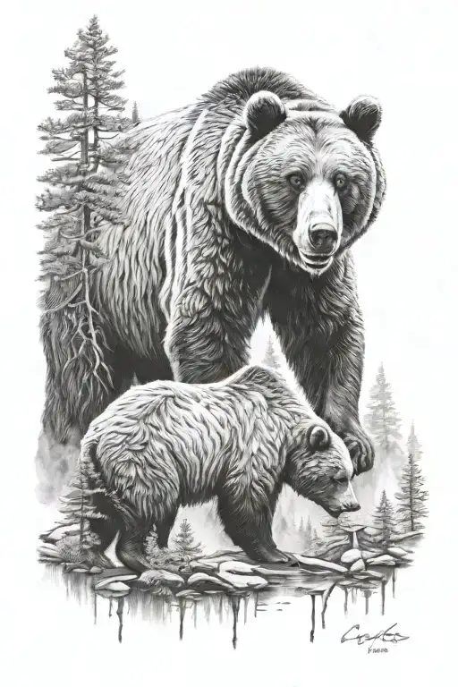 forest mountains grizzly bear tattoo design idea