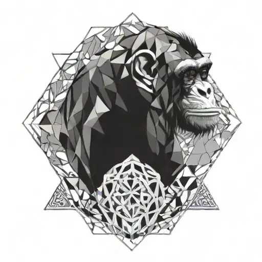 A chimpanzee surrounded by intricate geometric patterns tattoo design idea