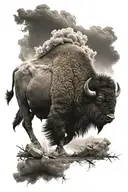 a bison walking through a storm symbolizing strength and a fight. bold tattoo design idea