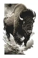 a bison walking through a storm symbolizing strength and a fight. bold tattoo design idea