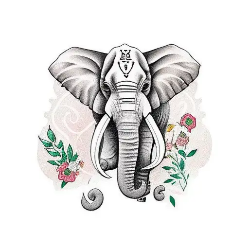 A traditional style elephant adorned with pink floral patterns and smoking a joint tattoo design idea