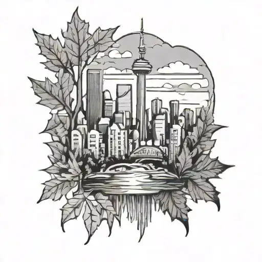 toronto city skyline with a maple leaf intertwined tattoo design idea