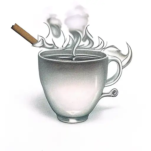 Old cup of tea with smoke coming out, inside of it there is palyingcards tattoo design idea