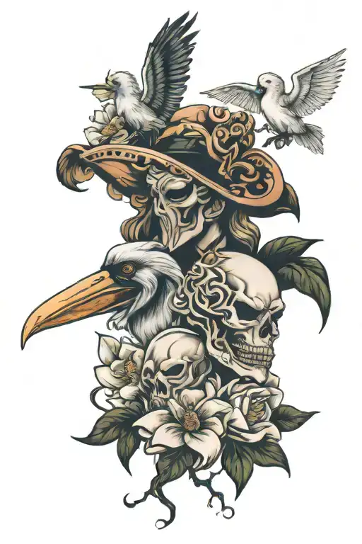 magnolias, comededy and tragedy masks, and pelican tattoo design idea