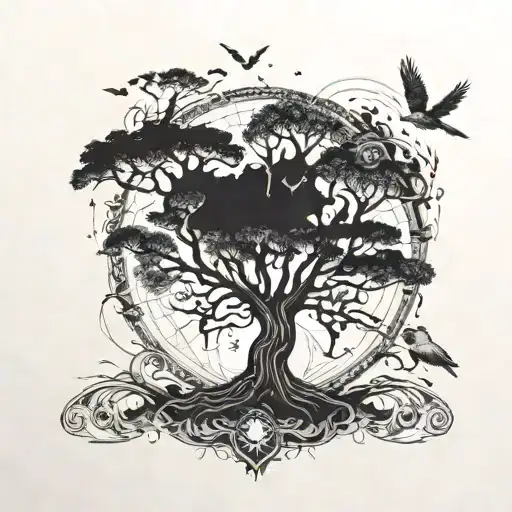 A tree of life with branches reaching towards different landmarks around the world, symbolizing growth and exploration tattoo design idea