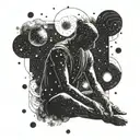 A meditating figure surrounded by a galaxy of stars and planets, representing the vastness of the universe and inner reflection tattoo design idea