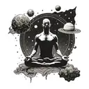 A meditating figure surrounded by a galaxy of stars and planets, representing the vastness of the universe and inner reflection tattoo design idea