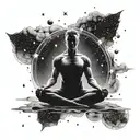 A meditating figure surrounded by a galaxy of stars and planets, representing the vastness of the universe and inner reflection tattoo design idea