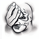 a man that is sad wearing a happy mask blocking half of his face  tattoo design idea