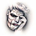 a man that is sad wearing a happy mask blocking half of his face  tattoo design idea