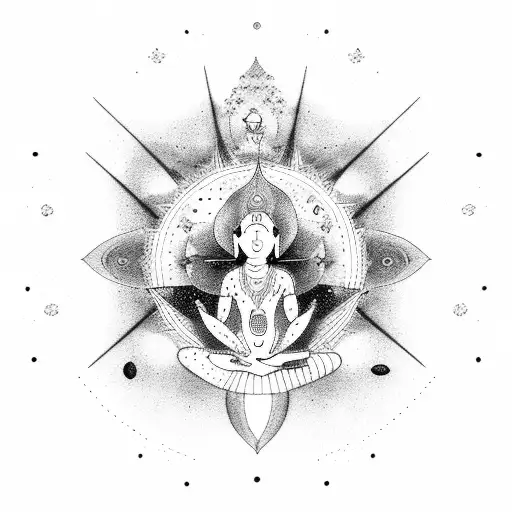 A shamanic figure meditating in a yoga pose surrounded by celestial bodies tattoo design idea