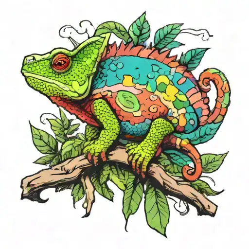 A colorful new-school design featuring a chameleon blending into various animal habitats at the zoo tattoo design idea